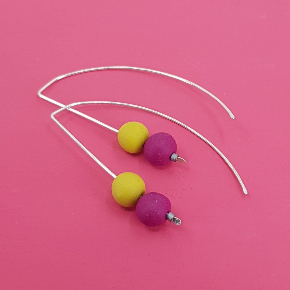 Duo Bead Sterling Silver Wire Earrings in Berry Red and Mustard