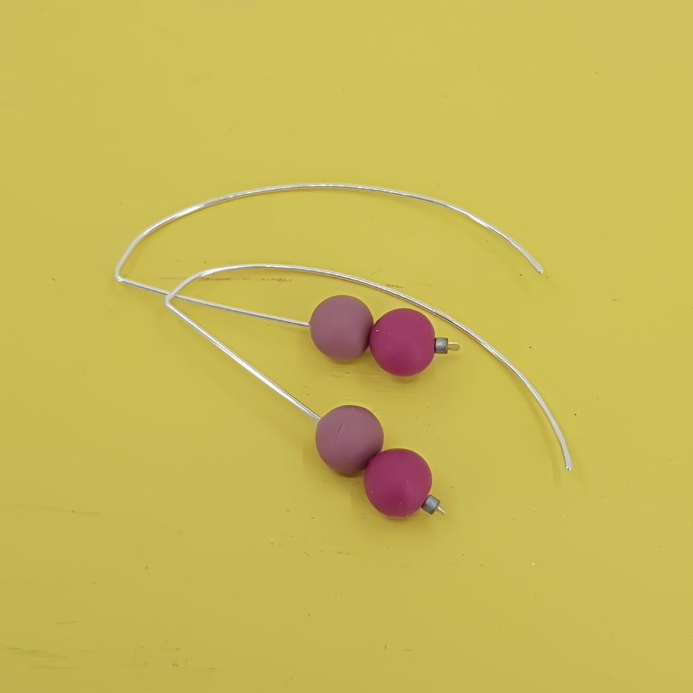 Duo Bead Sterling Silver Wire Earrings in Berry Red and Pink