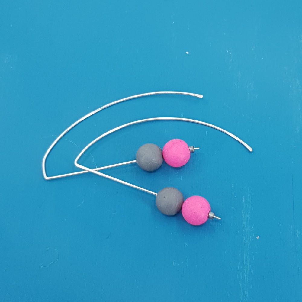 Duo Bead Sterling Silver Wire Earrings in Bright Pink and Grey