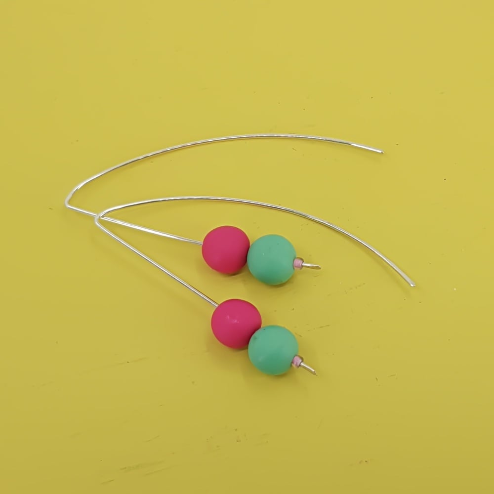 Duo Bead Sterling Silver Wire Earrings in Cerise Pink and Jade
