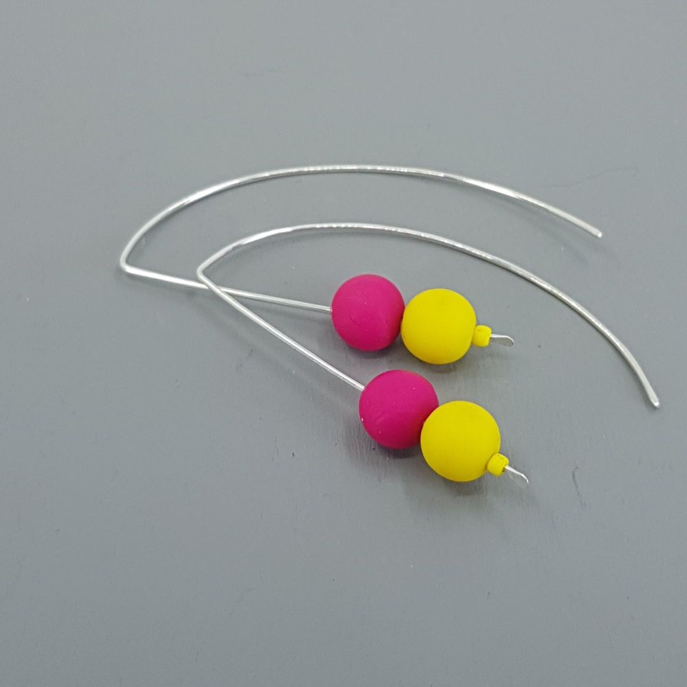 Duo Bead Sterling Silver Wire Earrings in Cerise Pink and Yellow