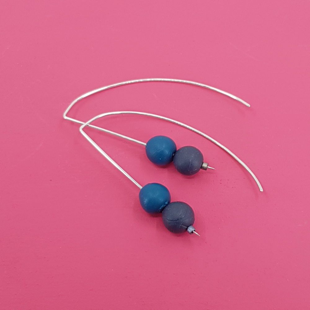 Duo Bead Sterling Silver Wire Earrings in Teal and Dark Blue