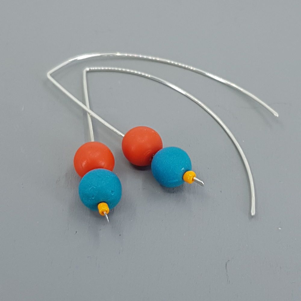 Duo Bead Sterling Silver Wire Earrings in Teal and Orange 