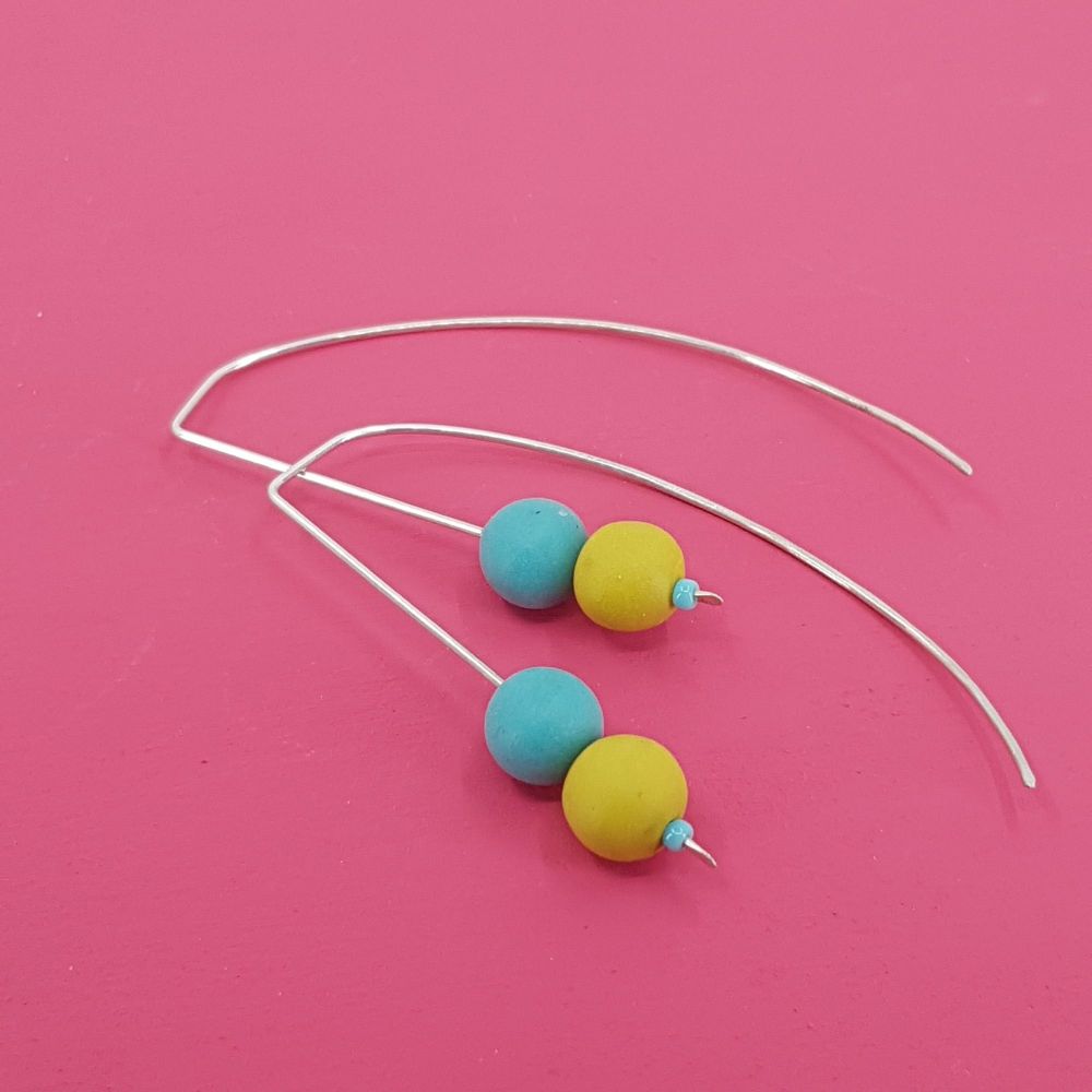 Duo Bead Sterling Silver Wire Earrings in Turquoise and Mustard