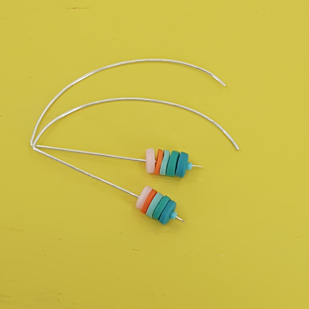 Tiny Disc Sterling Silver Wire Earrings Pastel Pink, Blue and Orange