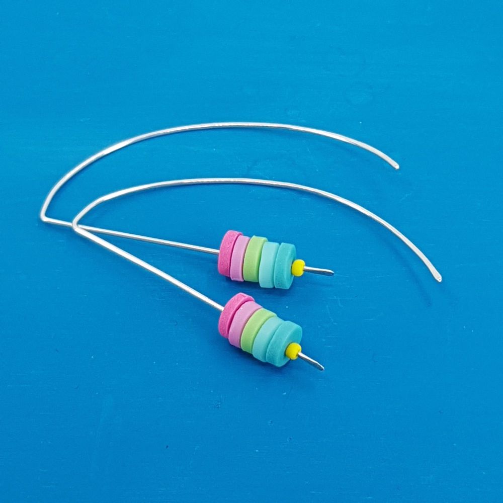 Tiny Disc Sterling Silver Wire Earrings Pink, Aqua and Green