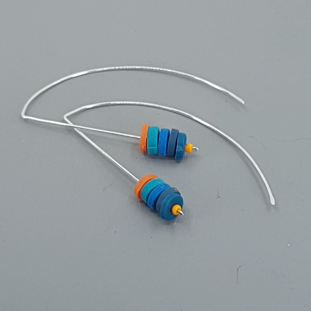 Tiny Disc Sterling Silver Wire Earrings Teal, Blue and Orange