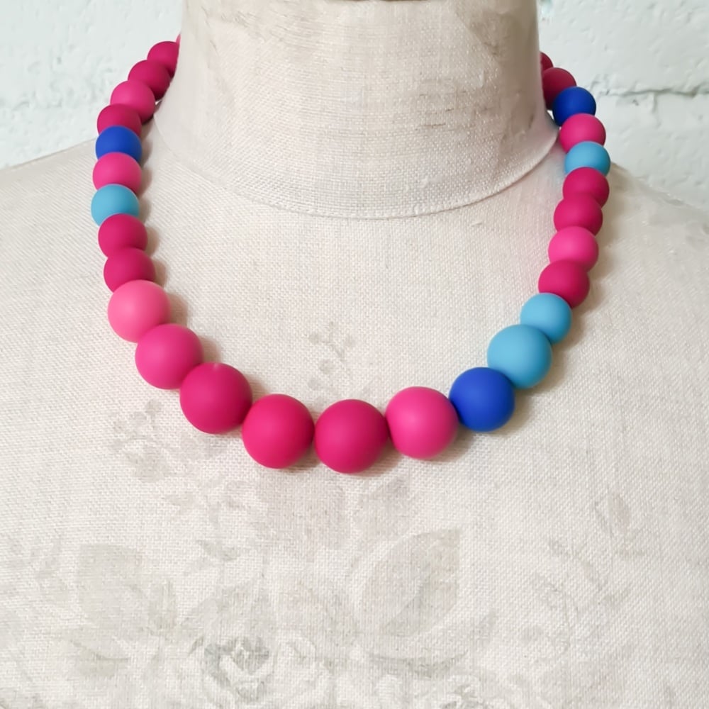 Graduated Bead Necklace in Bright Pink and Blue