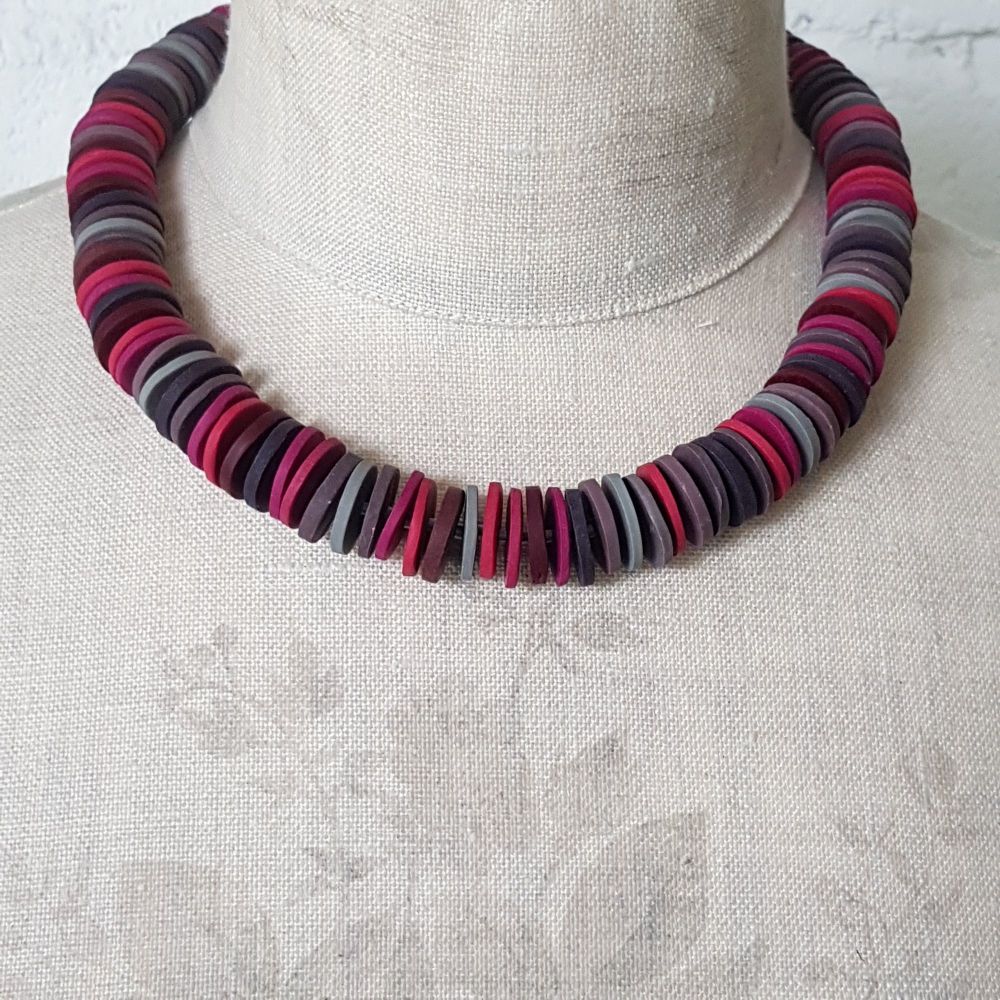 Large Disc Bead Necklace in Deep Berry Reds and Grey