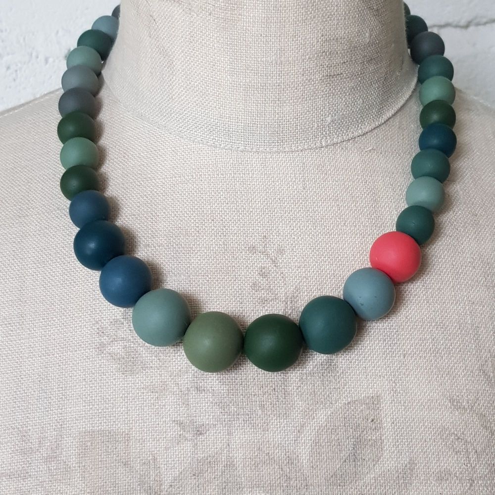 Graduated Bead Necklace in Soft Greens and Coral 