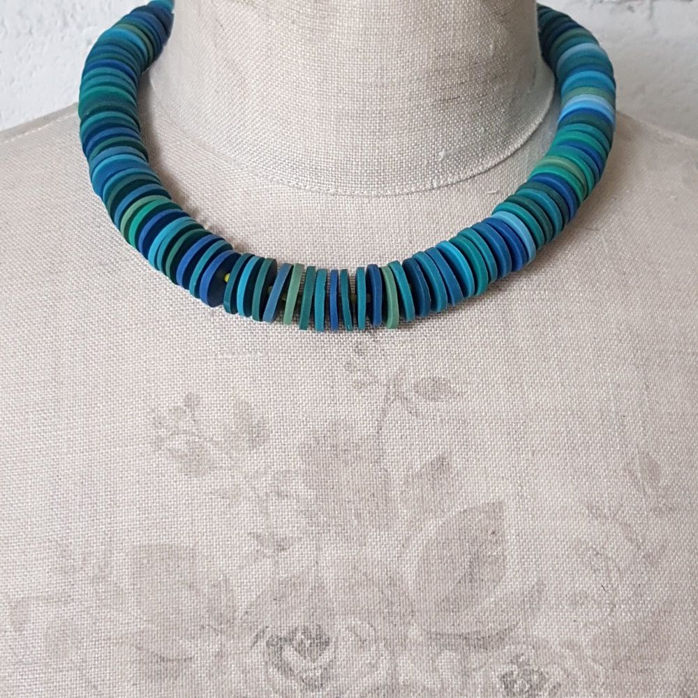 Large Disc Bead Necklace in Shades of Blue and Green