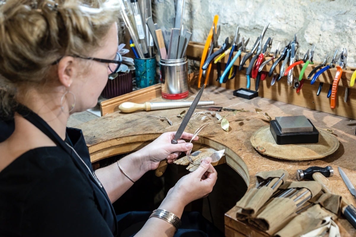 Clare Lloyd Jewellery at work in her studio in Frome