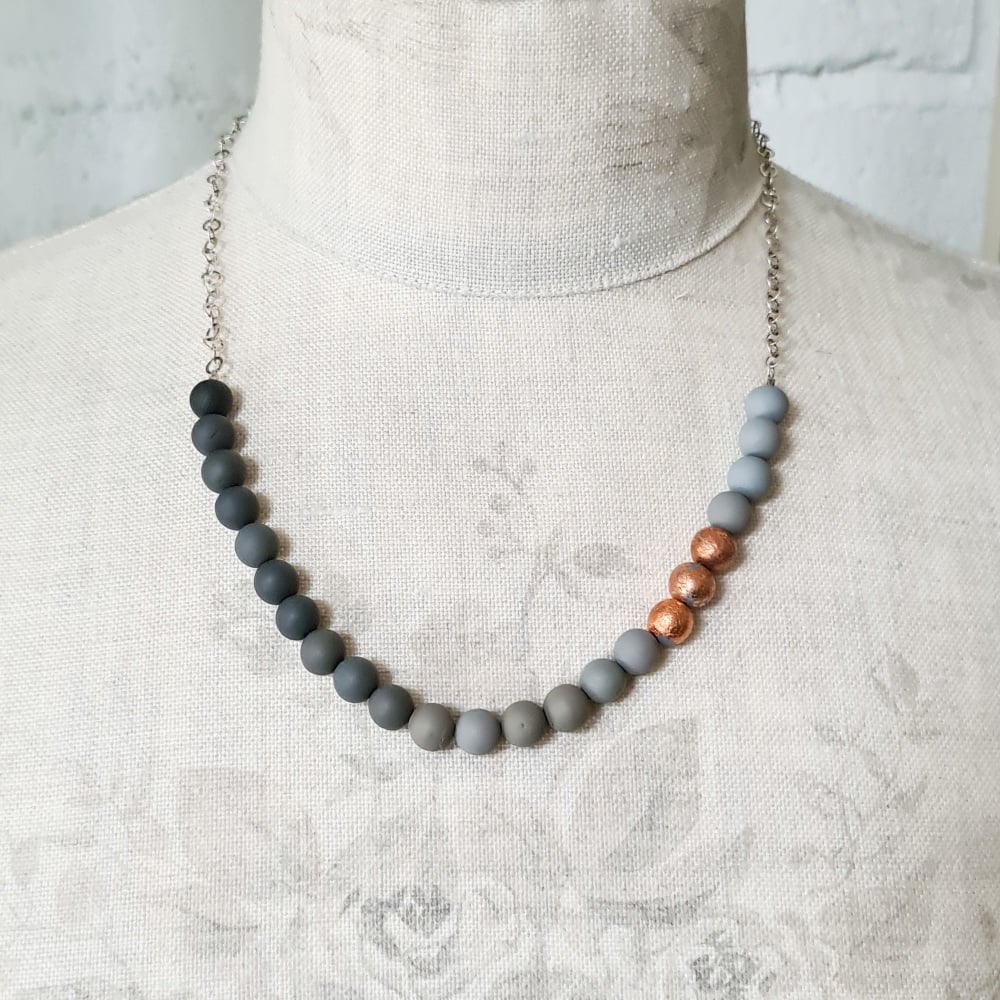Beaded Sterling Silver Chain Necklace in Shades of Grey and copper leaf