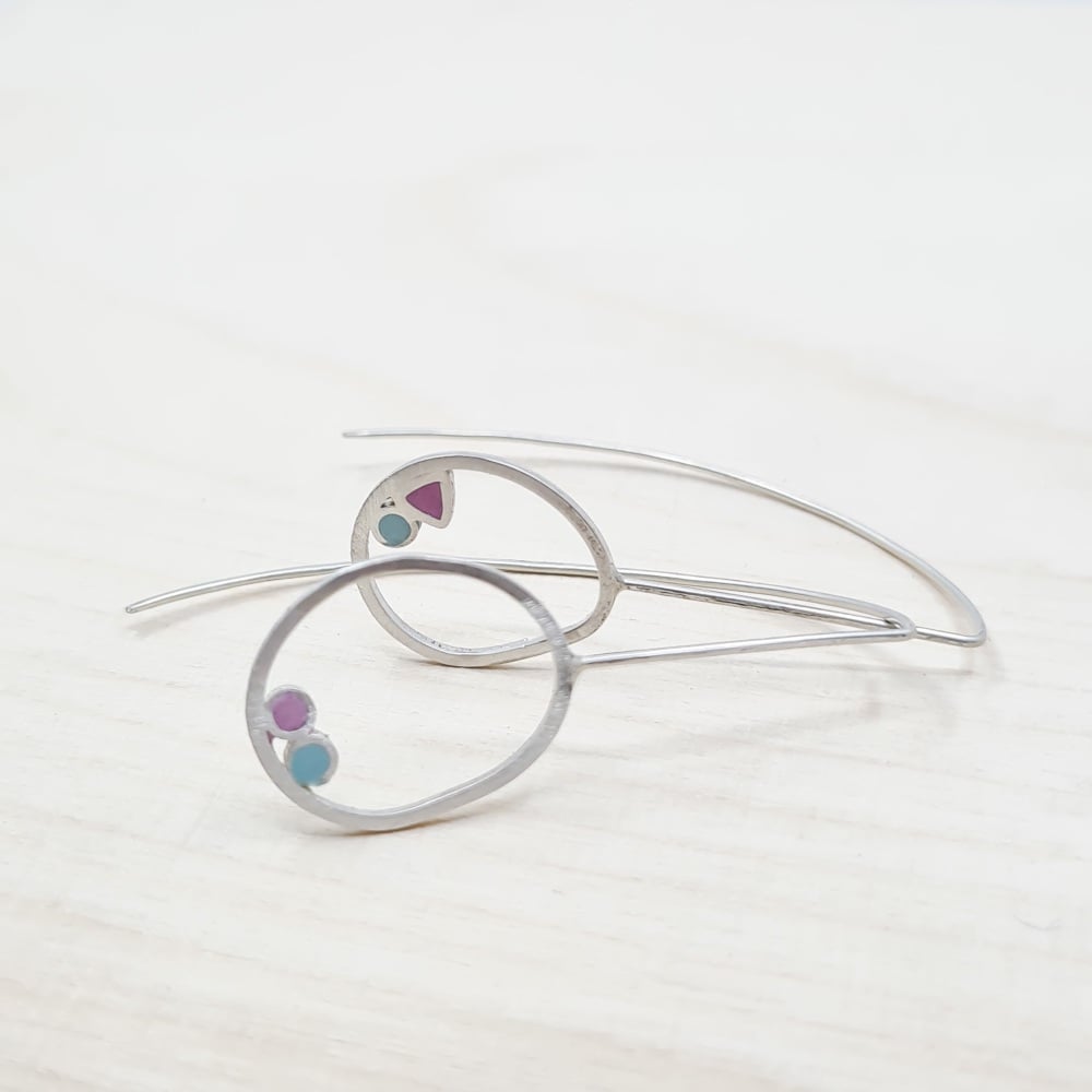 Inside Dot Long Wire Earrings with turquoise circles, pink circle and pink