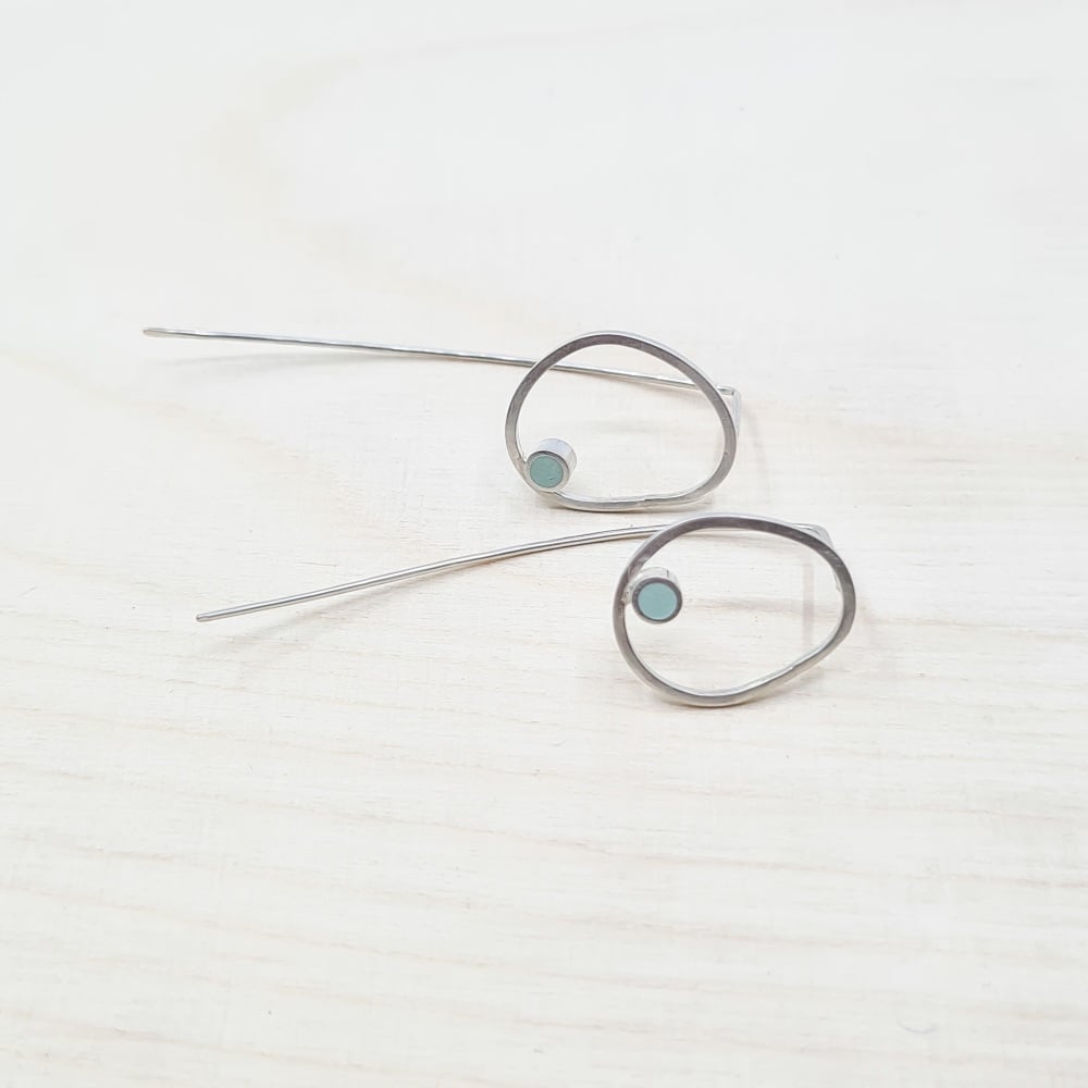 Inside Dot Mismatched Stud Earrings with Long Wire Backs - Aqua Blue Circle