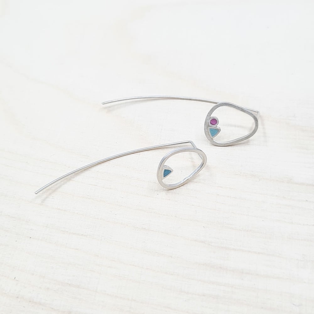 Inside Dot Mismatched Stud Earrings with Long Wire Backs - Blue Circles
