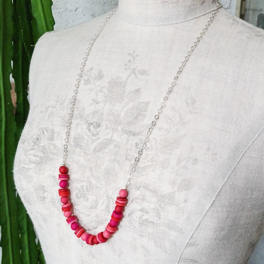Long Chain Necklace with Pink and Red Handmade Beads