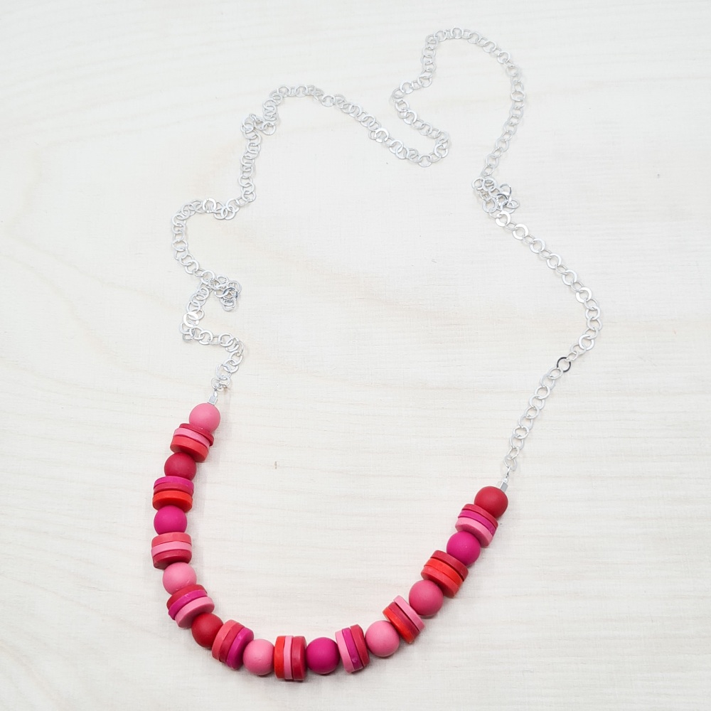 Long Chain Necklace with Pink and Red Handmade Beads