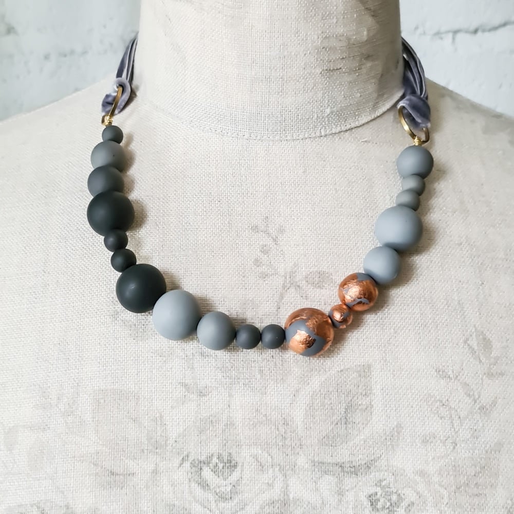 Random Bead Necklace with Ribbon Ties in Grey and Copper