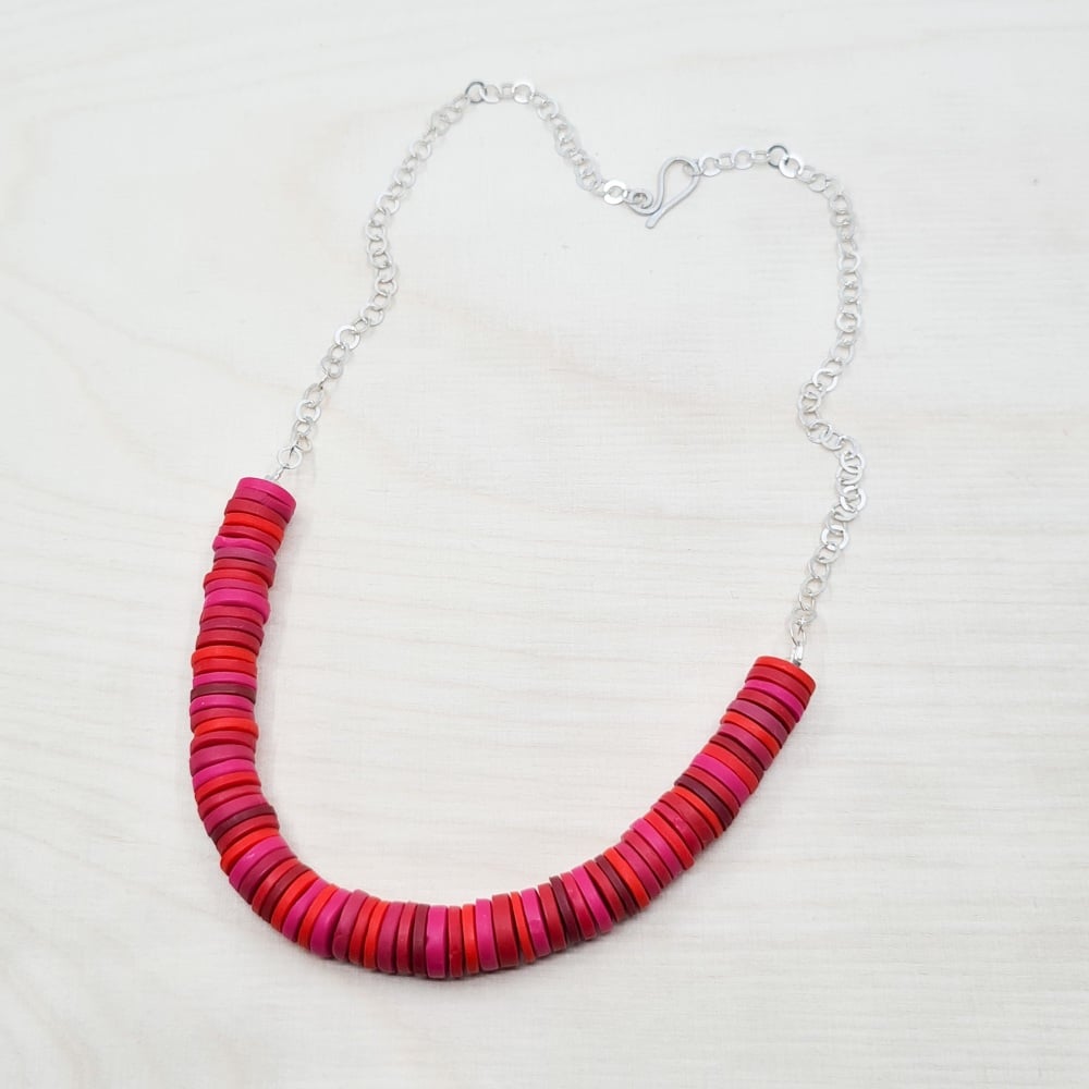 Red and Cerise  Disc Necklace with silver chain 