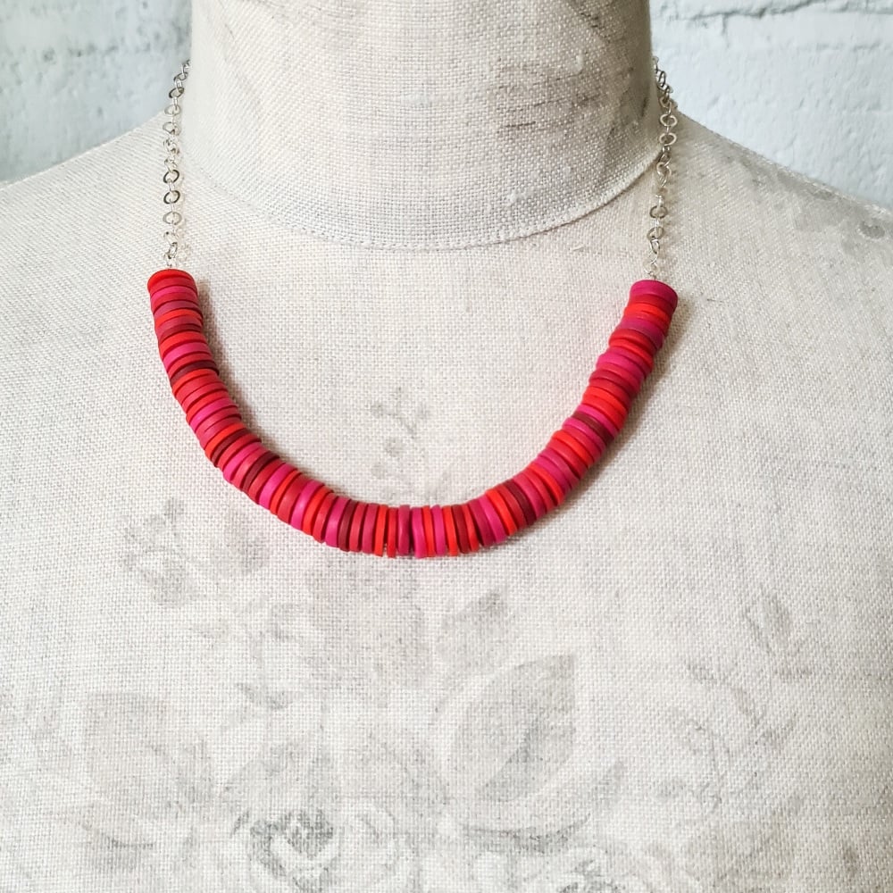 Red and Cerise Disc Necklace with silver chain