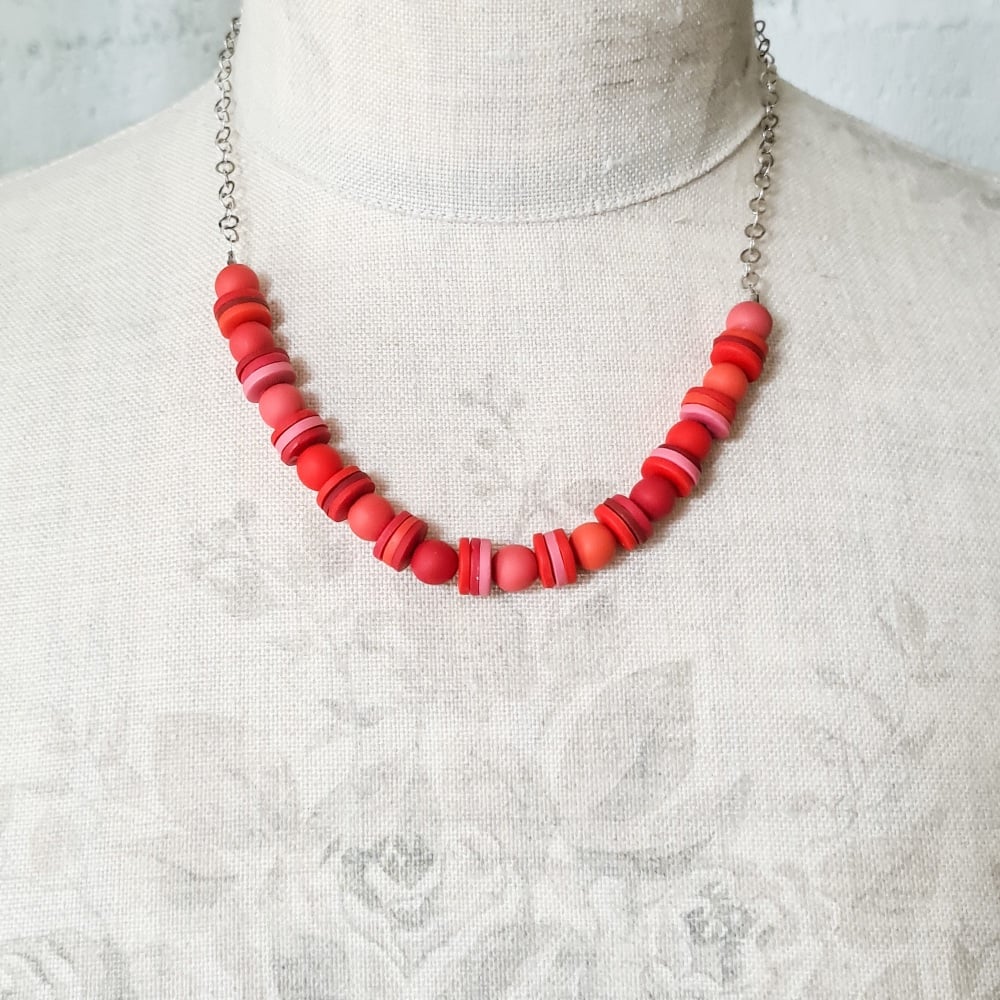 Short Chain Necklace with Pink and Red Handmade Beads
