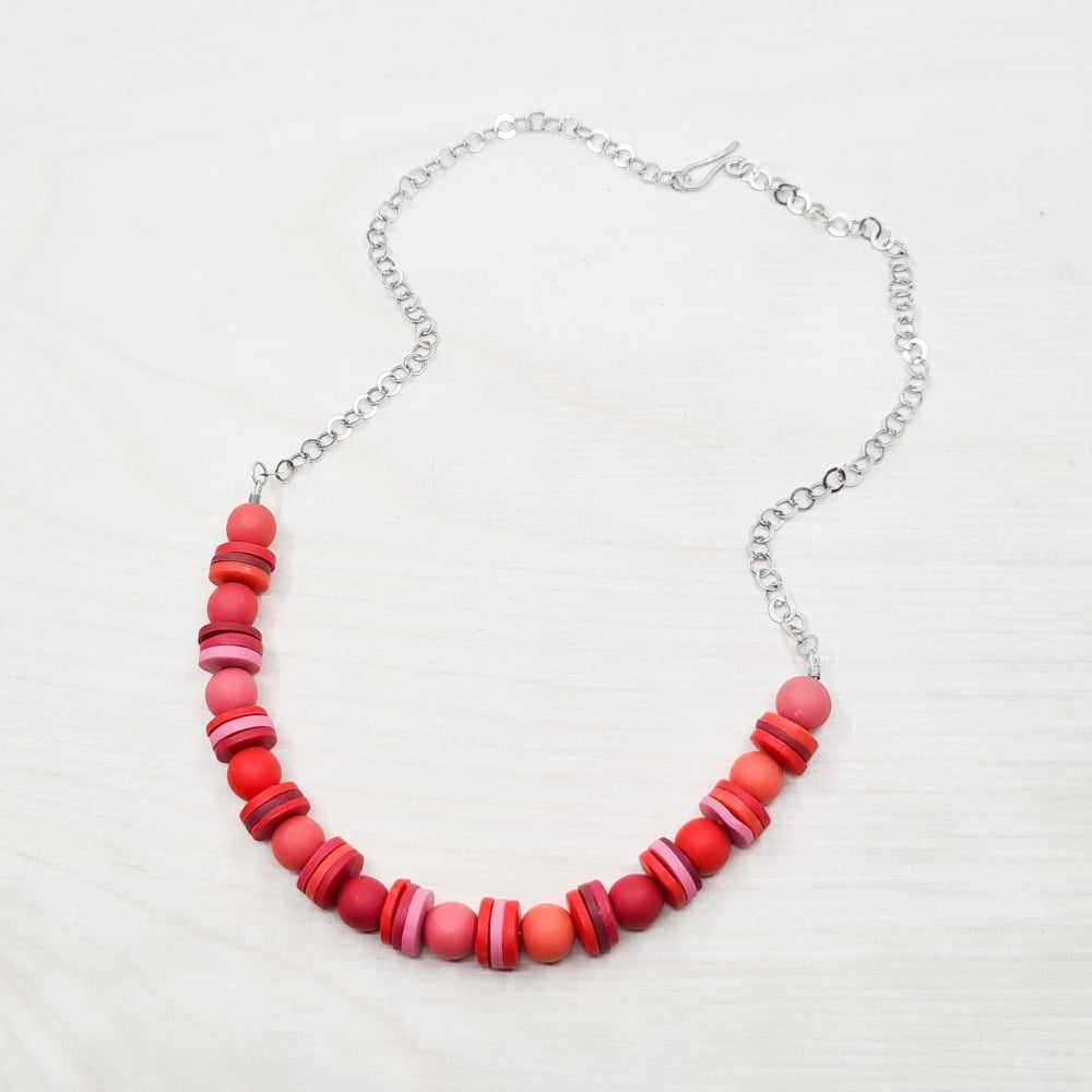Short Chain Necklace with Pink and Red Handmade Beads