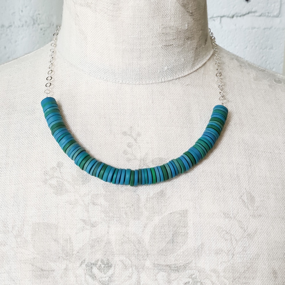 Turquoise and Teal Disc Necklace with silver chain