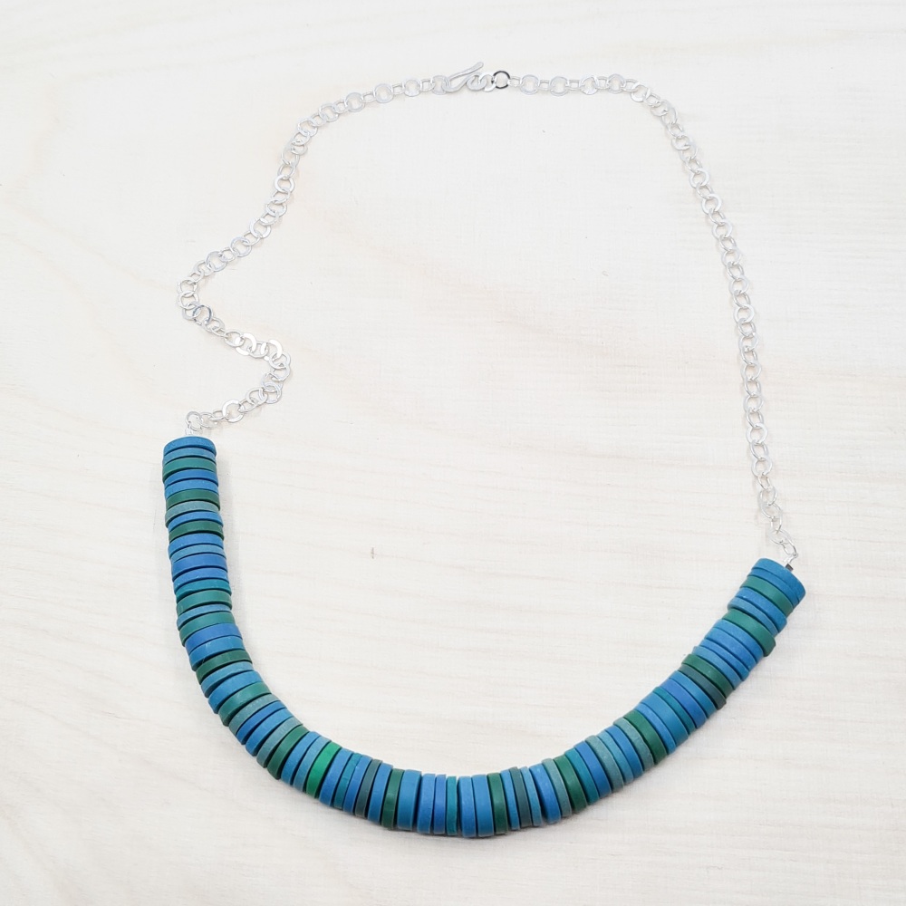 Turquoise and Teal Disc Necklace with silver chain