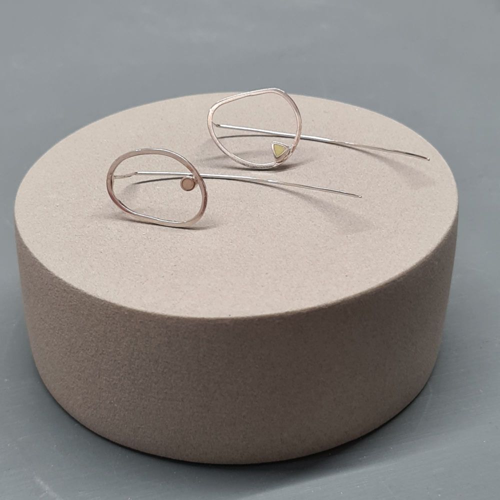 Inside Dot Mismatched Stud Earrings with Long Wire Backs - Pale Yellow Circ