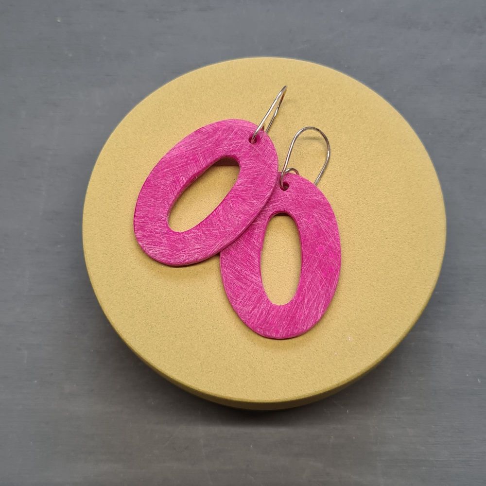 Giant Oval Scratched Earrings in Bright Cerise Pink