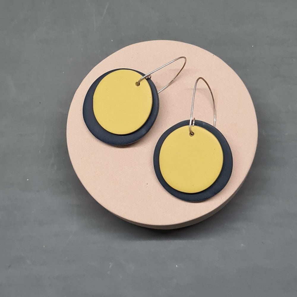 Giant Circle Earrings in Navy Blue and Pale Lime