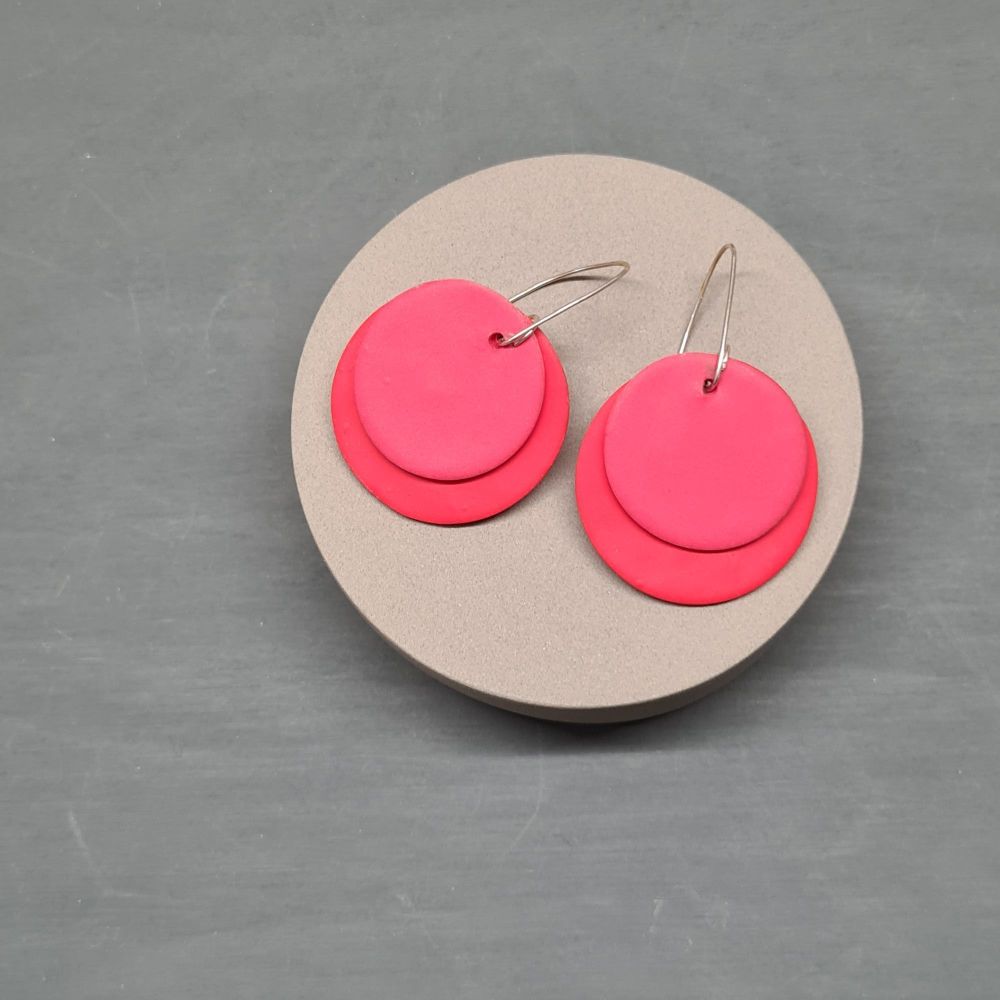 Giant Circle Earrings in Tomato Red and Coral 