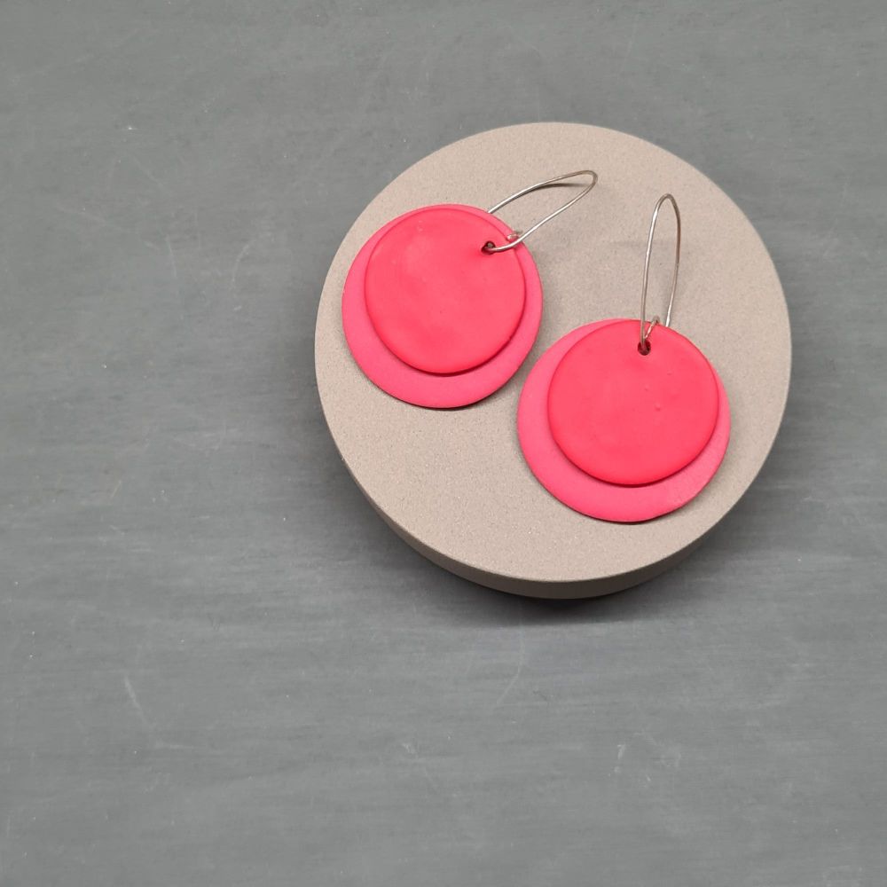 Giant Circle Earrings in Coral and Tomato Red  