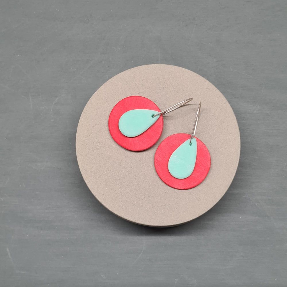 Giant Scratched Circle Earrings in Tomato Red with an Aqua Teardrop