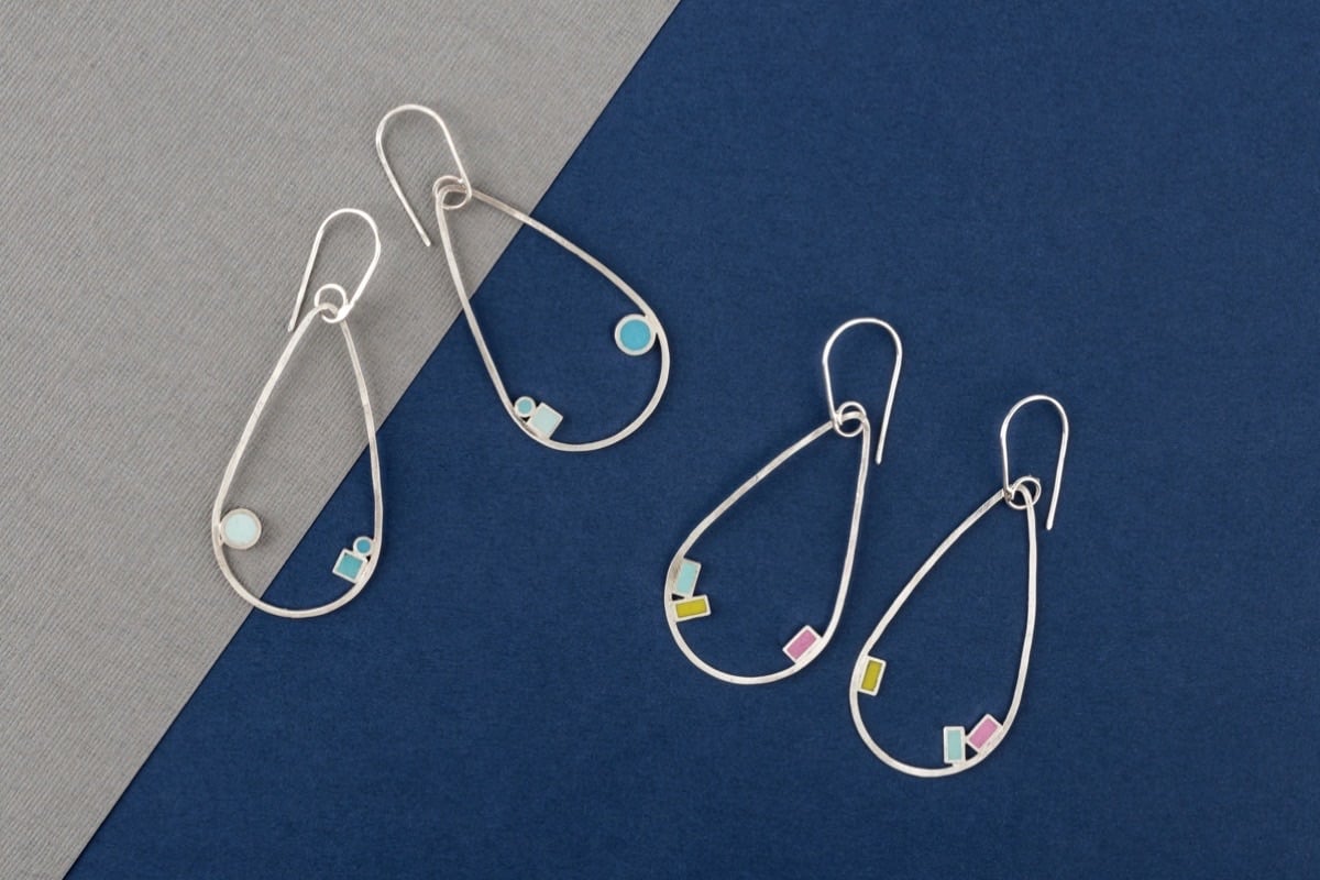Recycled sterling silver Teardrop hoop earrings with resin colour dots handmade by Clare Lloyd Jewellery in Frome