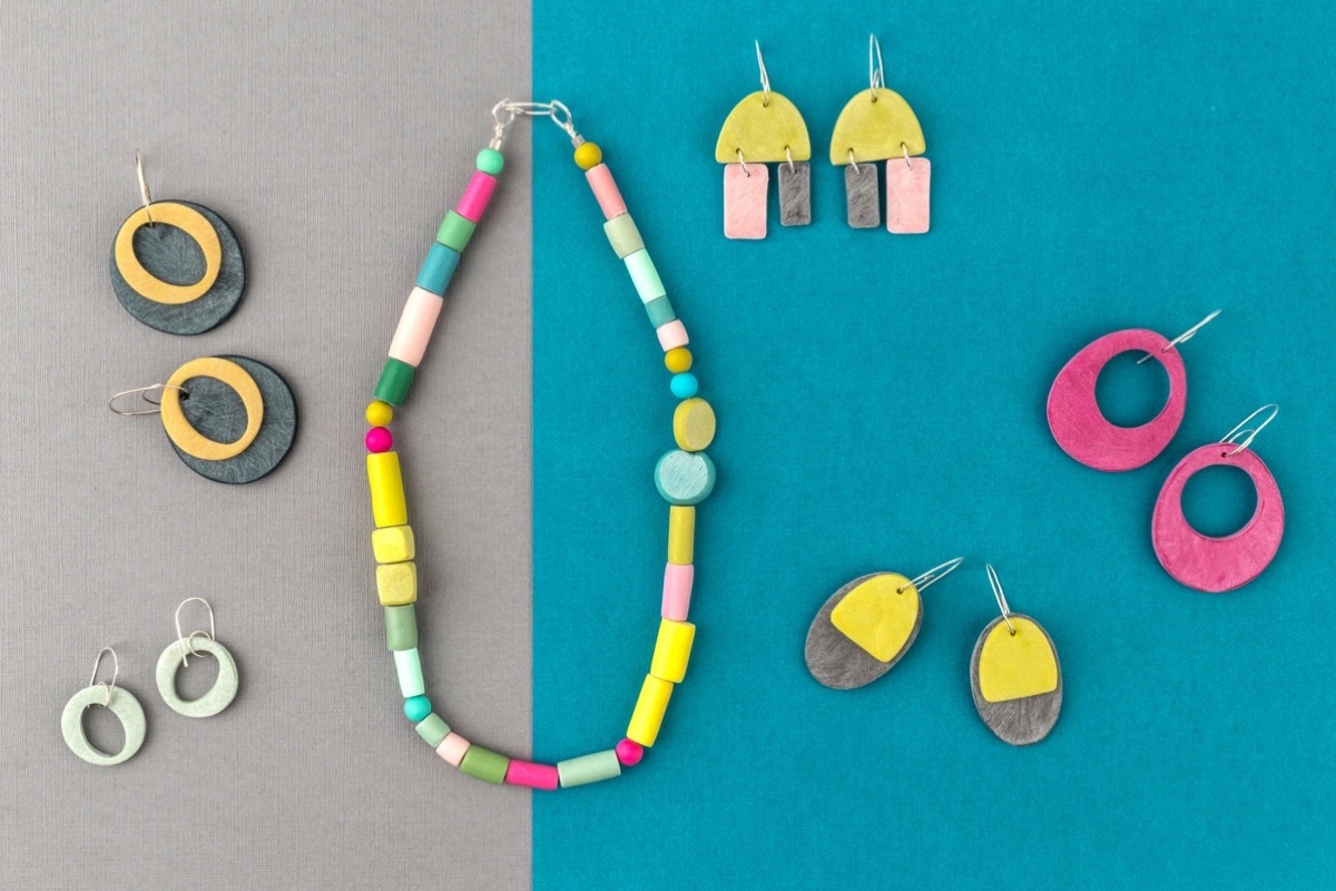 Handmade Polymer clay and recycled sterling silver necklaces and statement earrings by Clare Lloyd image by Jo Hounsome Photography