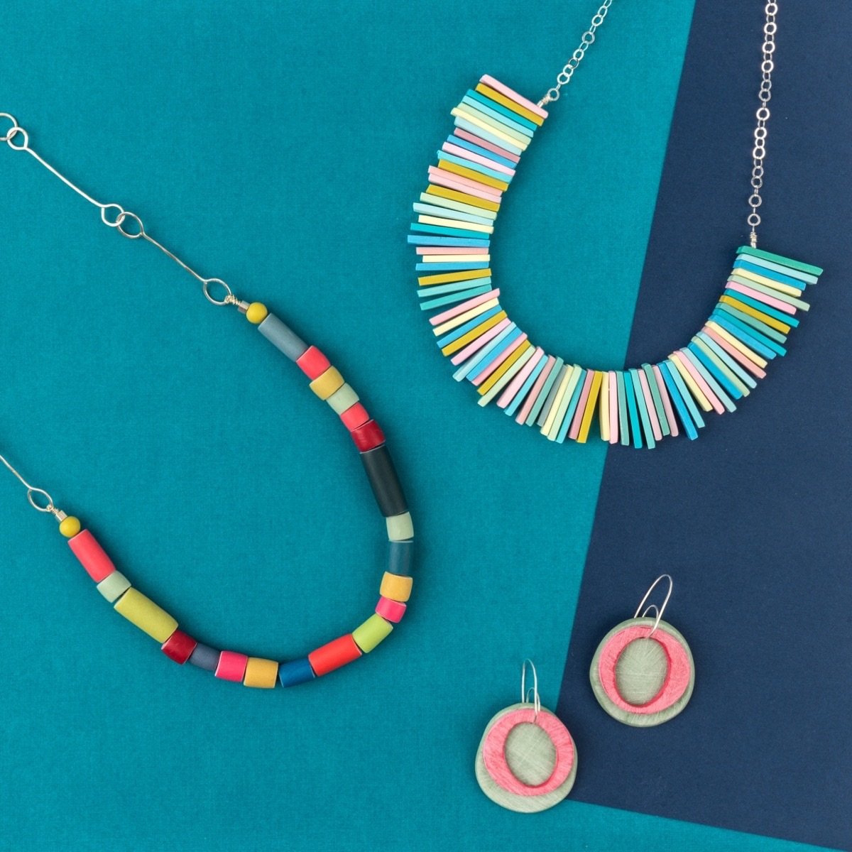 colourful handmade round and disc bead necklaces and statement ;polymer clay earrings by Colour Designs Jewellery