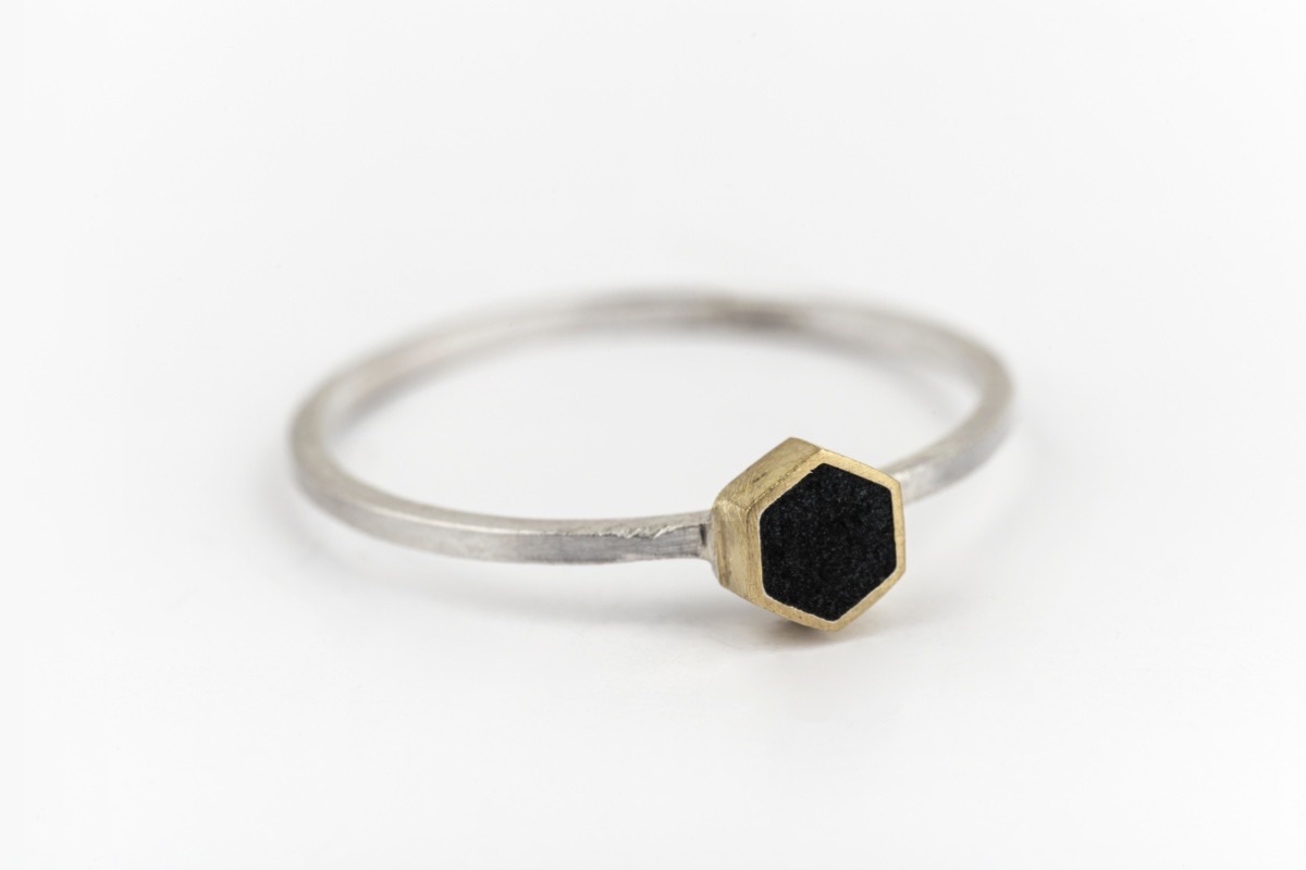 recycled sterling silver and brass with with a hexagon setting