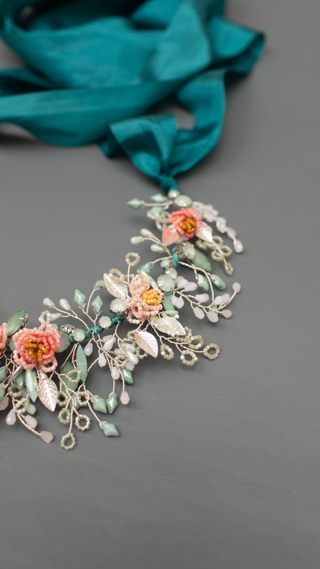 Handmade beaded floral bridal crown in silver, pale mint and coral