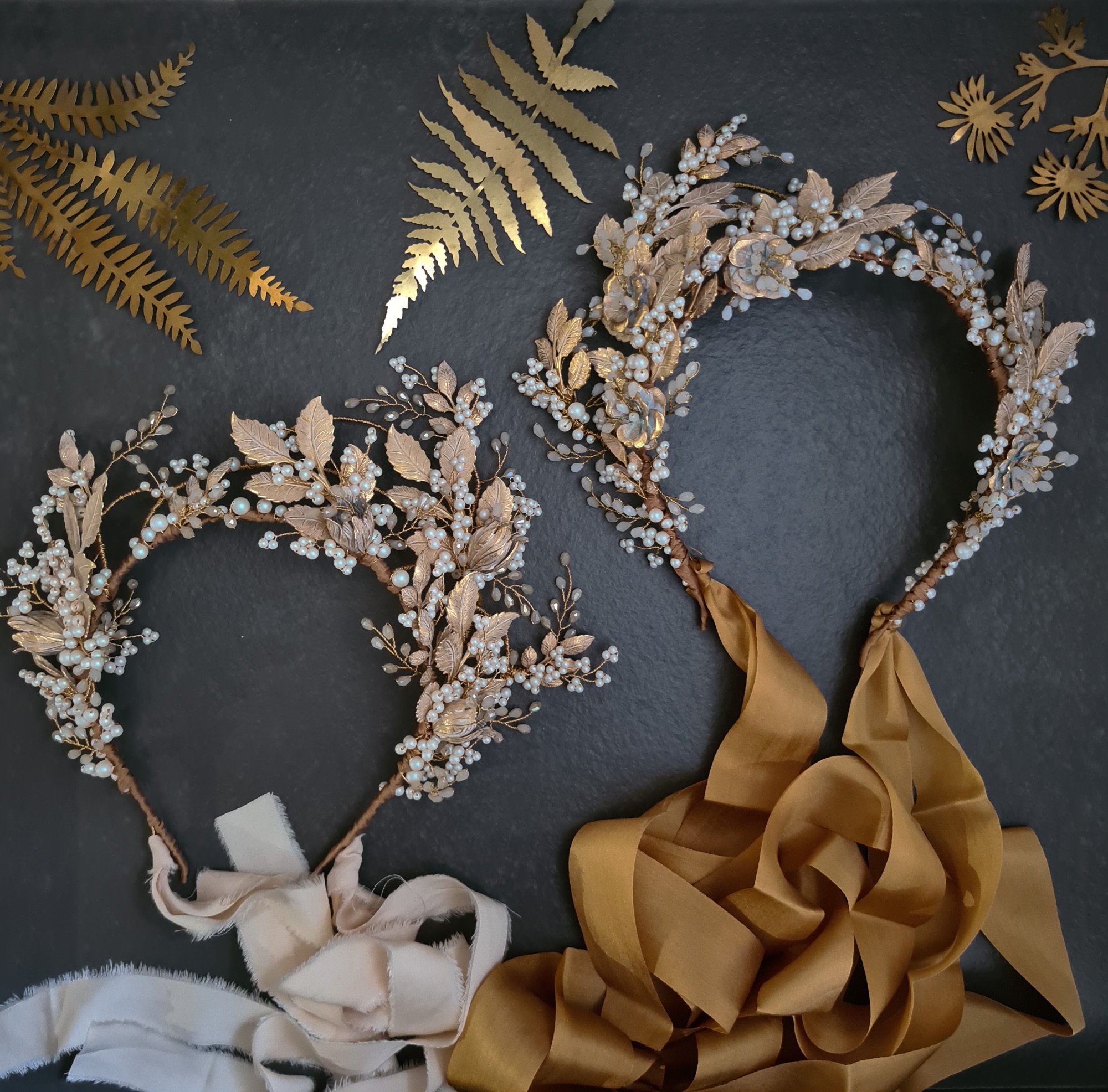 Handmade gold floral wedding crowns by Clare Lloyd