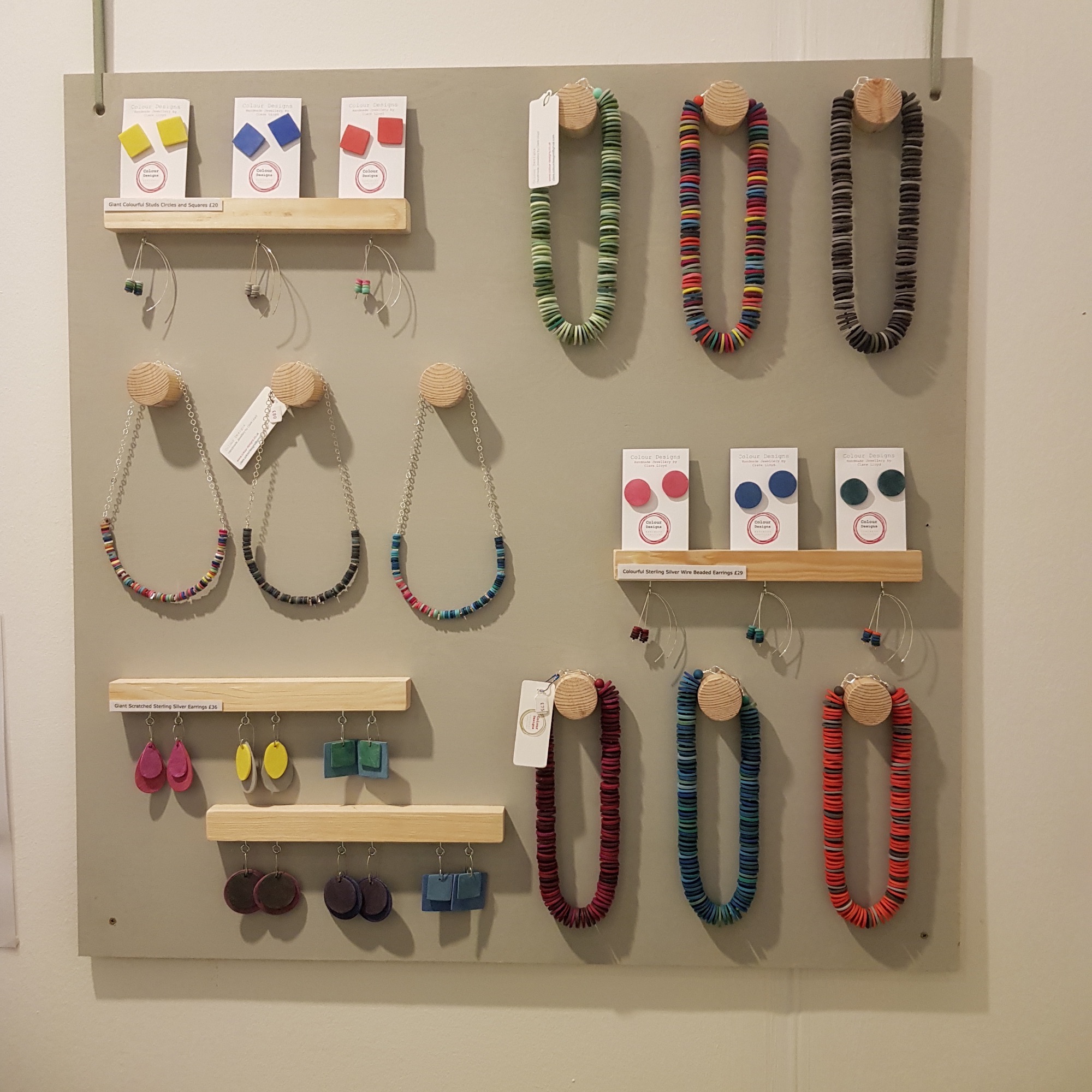 How Colour Designs Jewellery display their colourful polymer clay necklaces and earrings