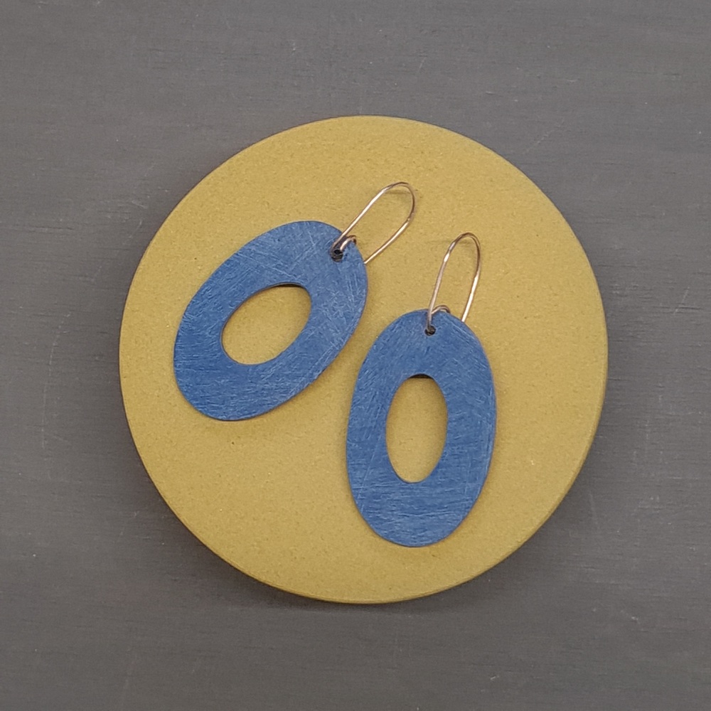 Giant Oval Scratched Earrings in Teal Blue