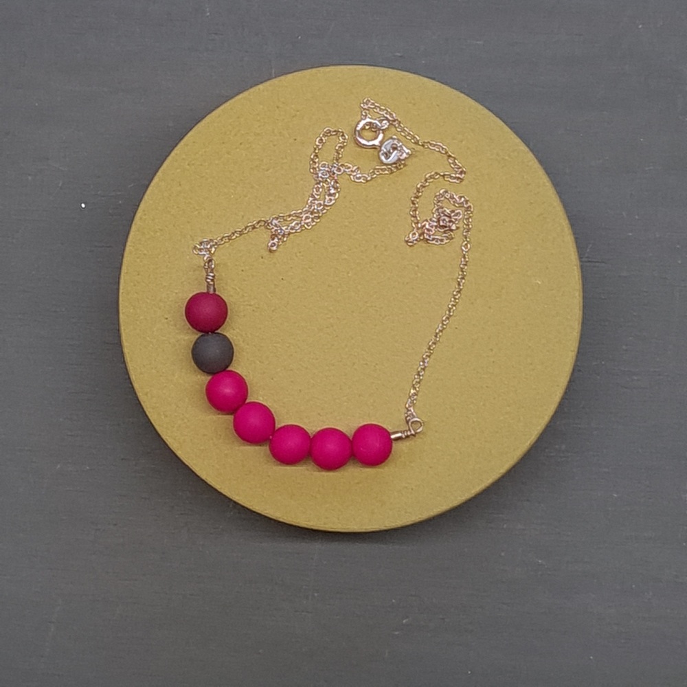 Little Bead Necklace Cerise and Grey