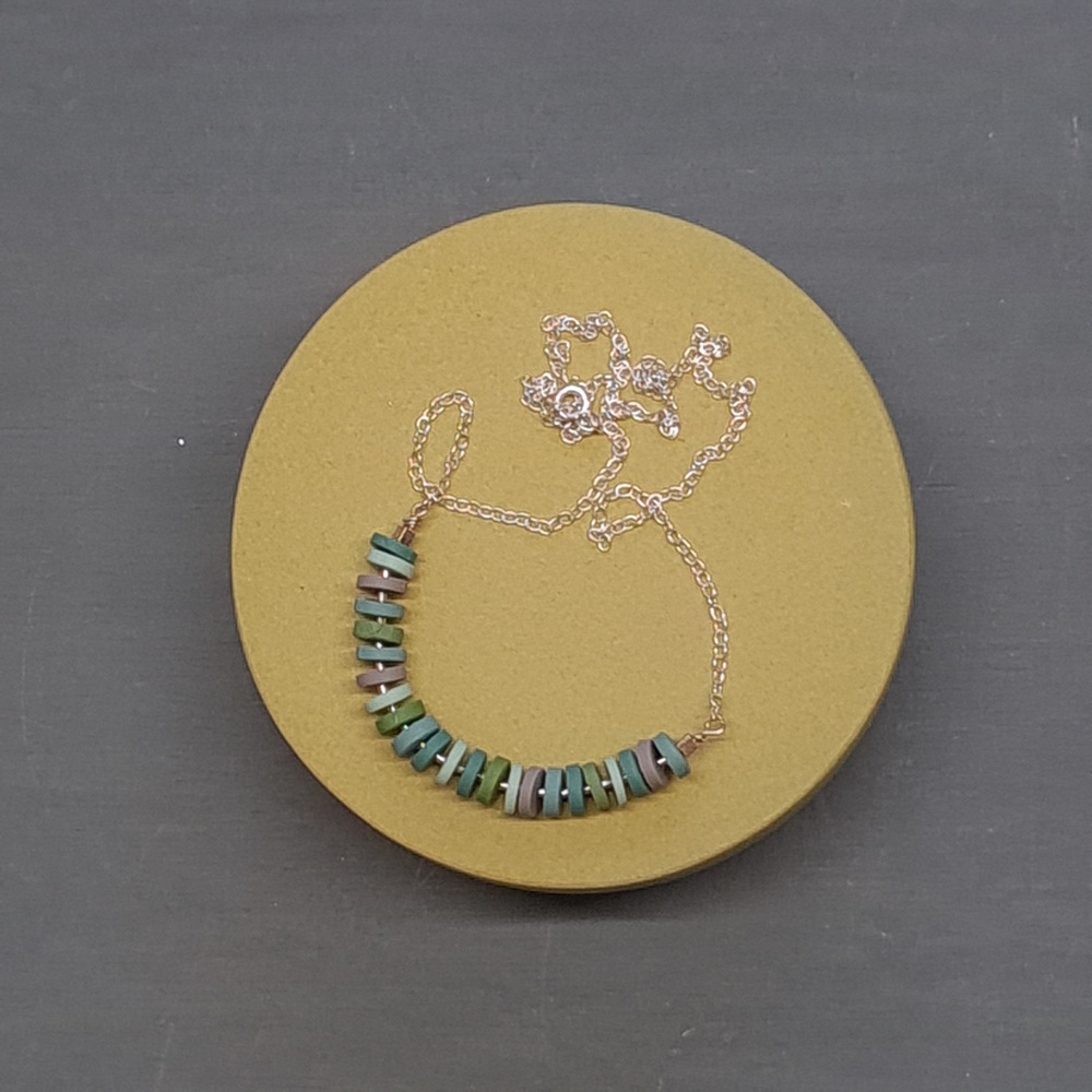 Little Disc Necklace pale blue, sage green and grey
