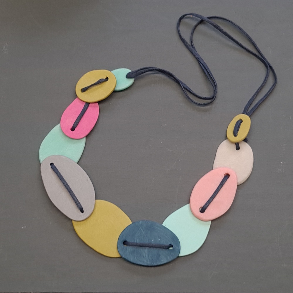 Giant Scratched Slab Bead Necklace in Pink, Blue, Mustard and Grey