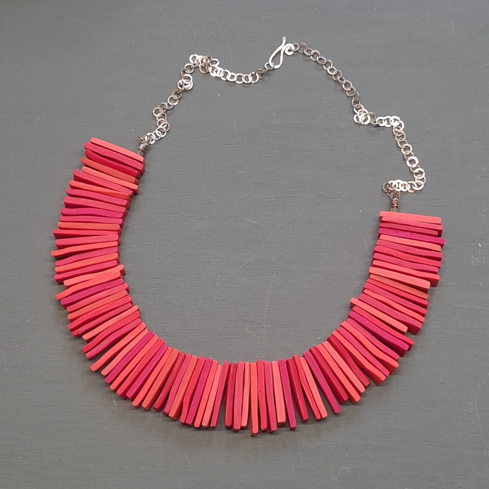Modern Deco Necklace in Coral Reds with Silver Chain 