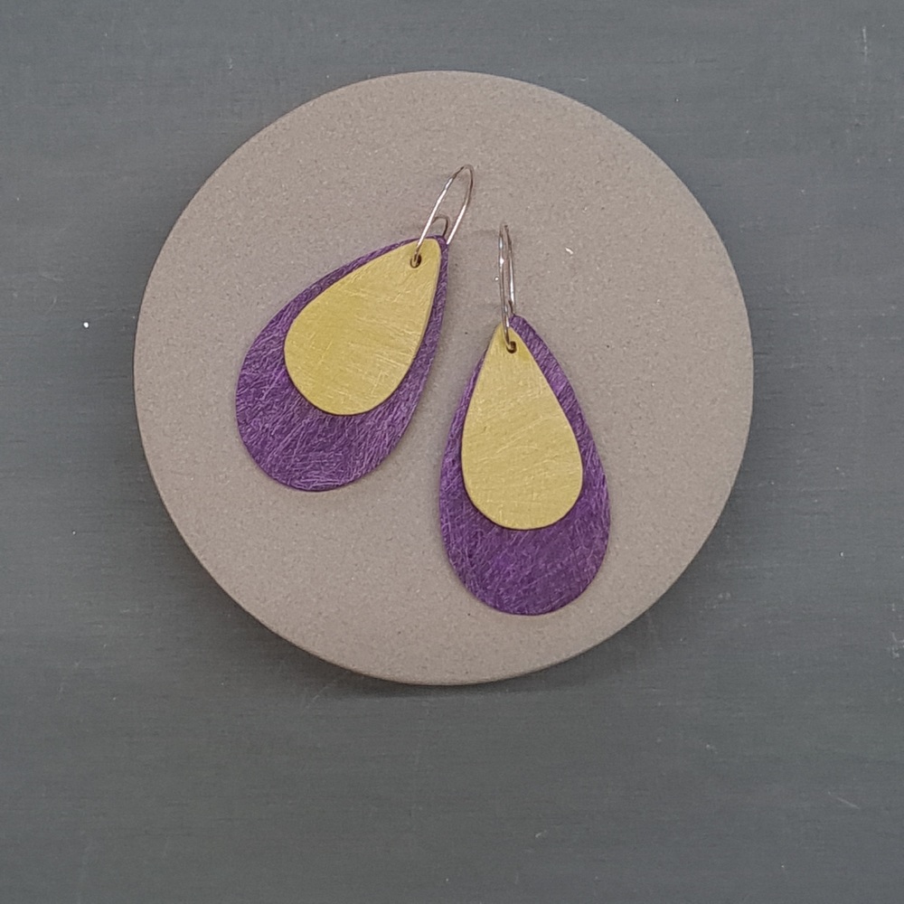 Scratched Giant Teardrop Earrings in Purple and Mustard