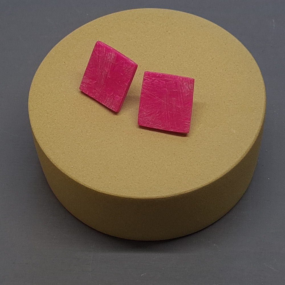 Scratched Polymer Clay Square Studs - Cerise Pink 