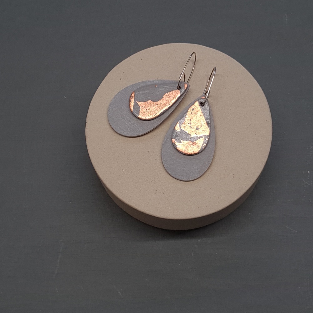 Metallics Pale Grey Teardrop Earrings with copper leaf